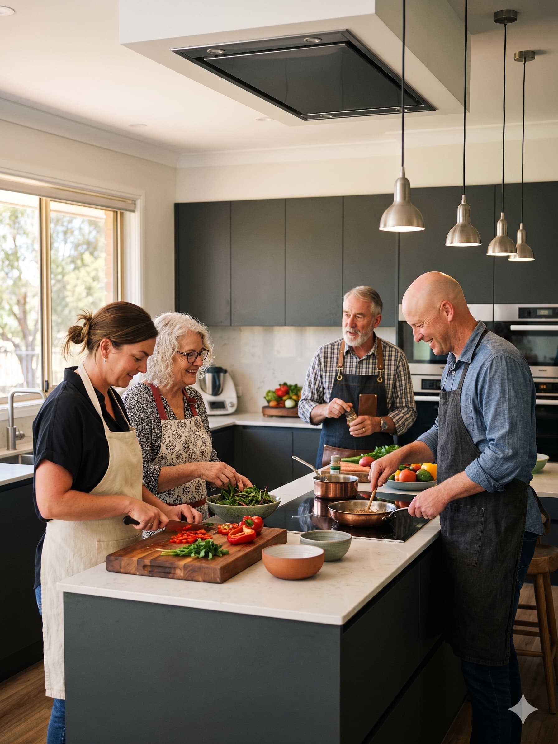 Raphael and Saskia cooking together with clients in a bright kitchen