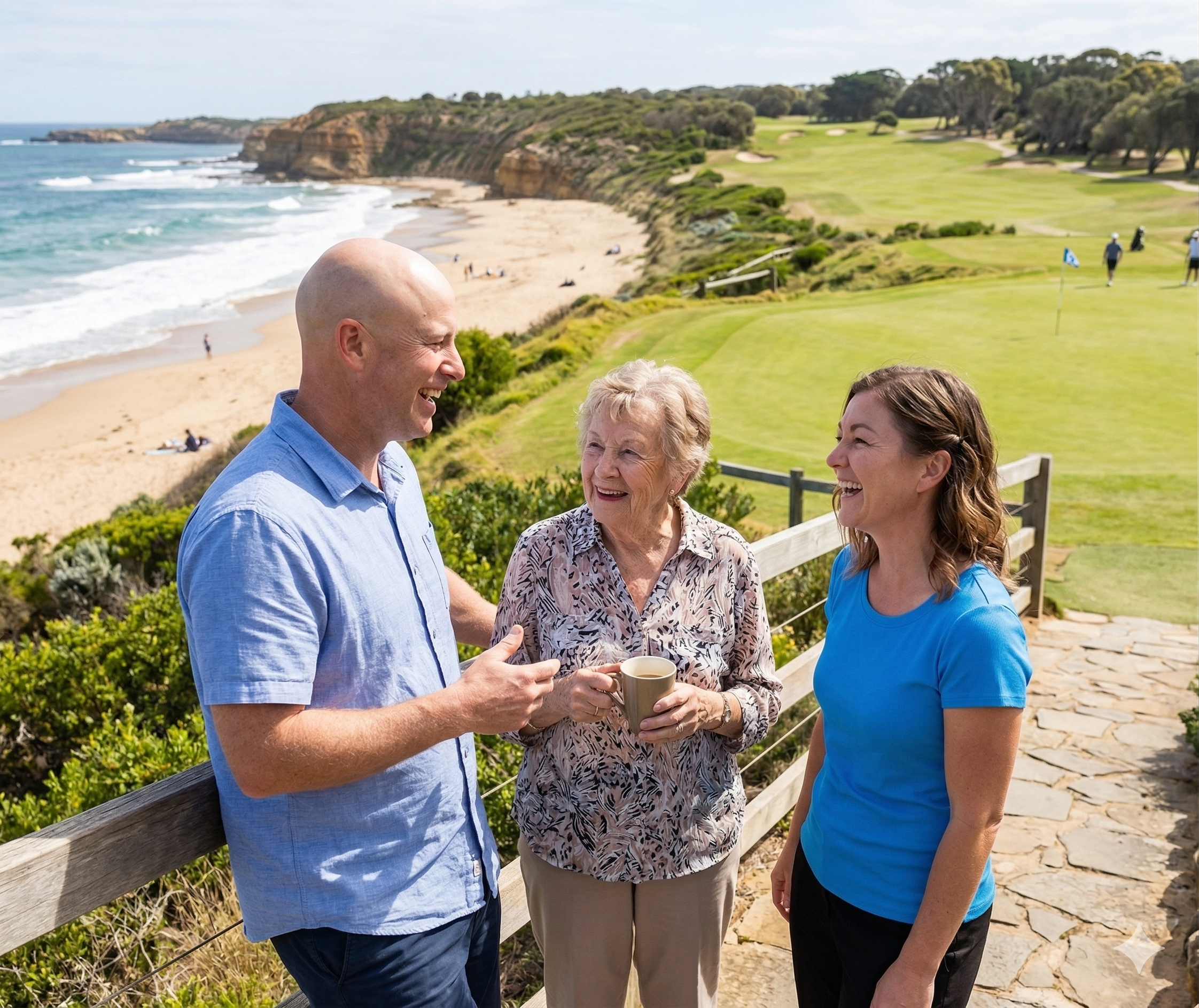 Raphael and Saskia chatting with a client overlooking the Surf Coast