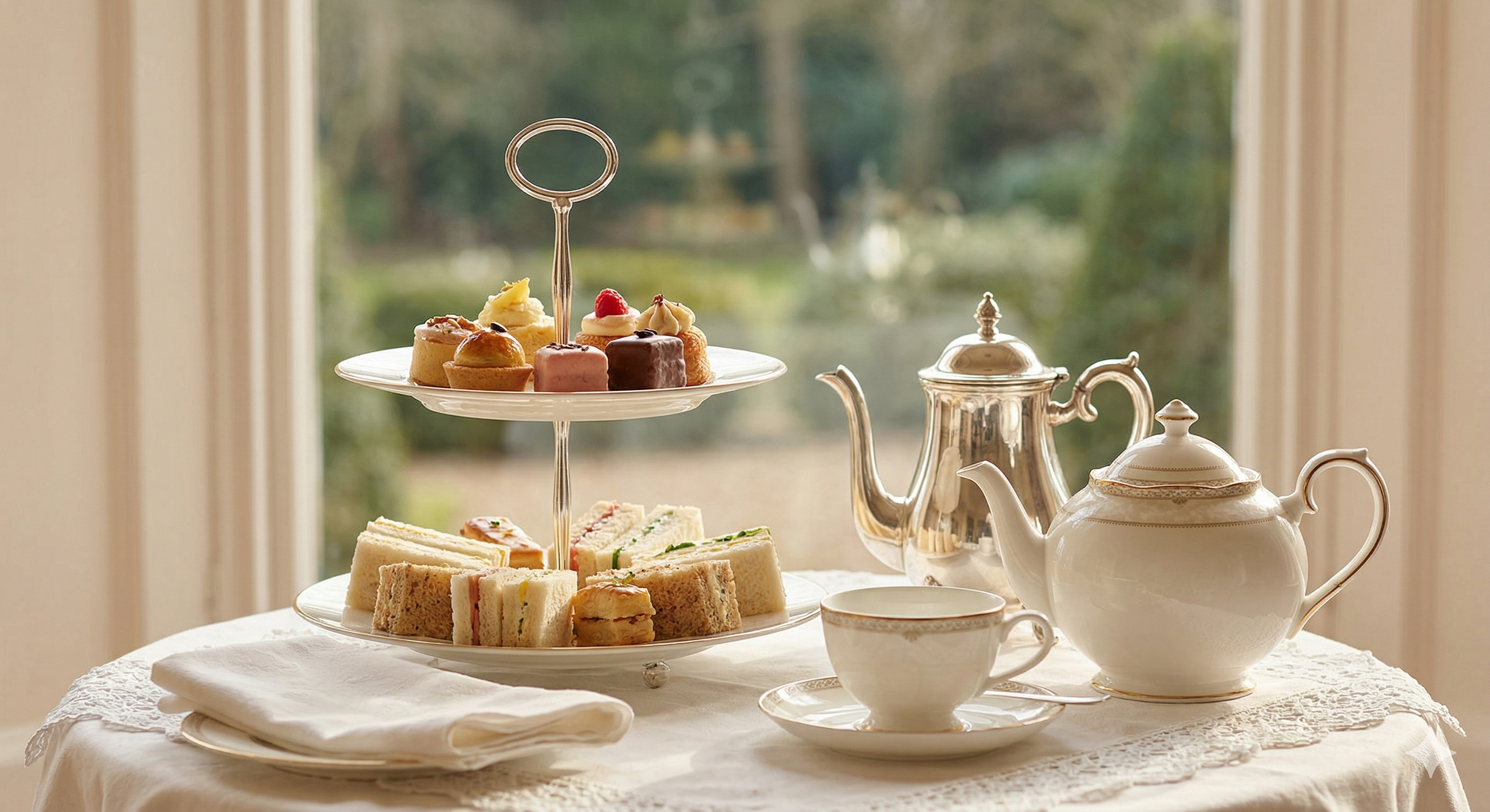Elegant high tea with pastries and sandwiches